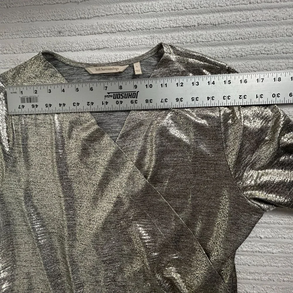 Soft Surroundings Women Metallic Silver Long Sleeve Surplice Wrap Top Large NWOT - Picture 5 of 7